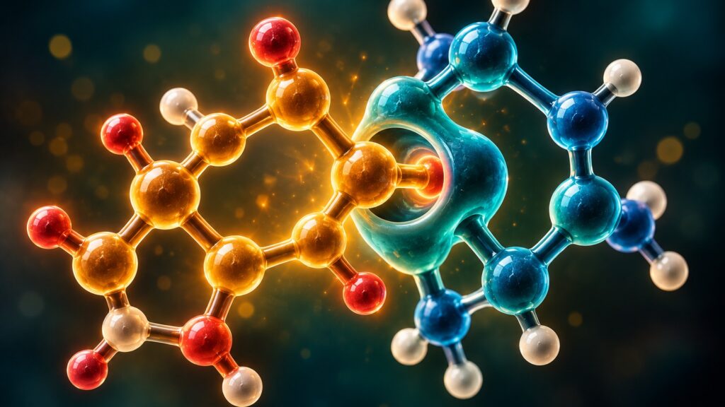 Maca Lifts Desire. It Never Touches Your Testosterone. Two glowing molecular models, one in Andean orange and red and one in turquoise and blue, joined against a dark green background, illustrating the chemistry of maca.